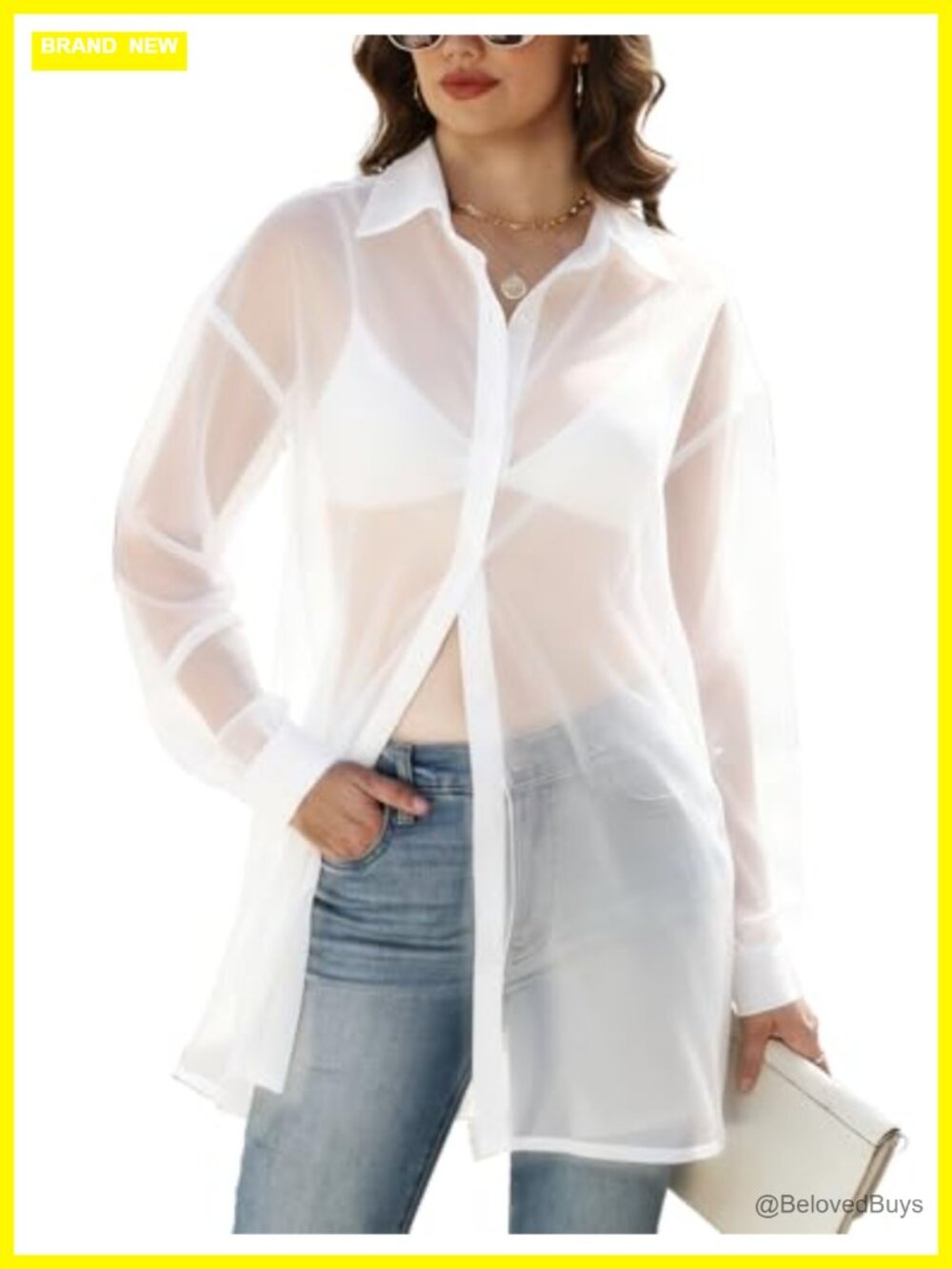 Sheer Mesh Button Down Blouse Long Sleeve Chiffon Top